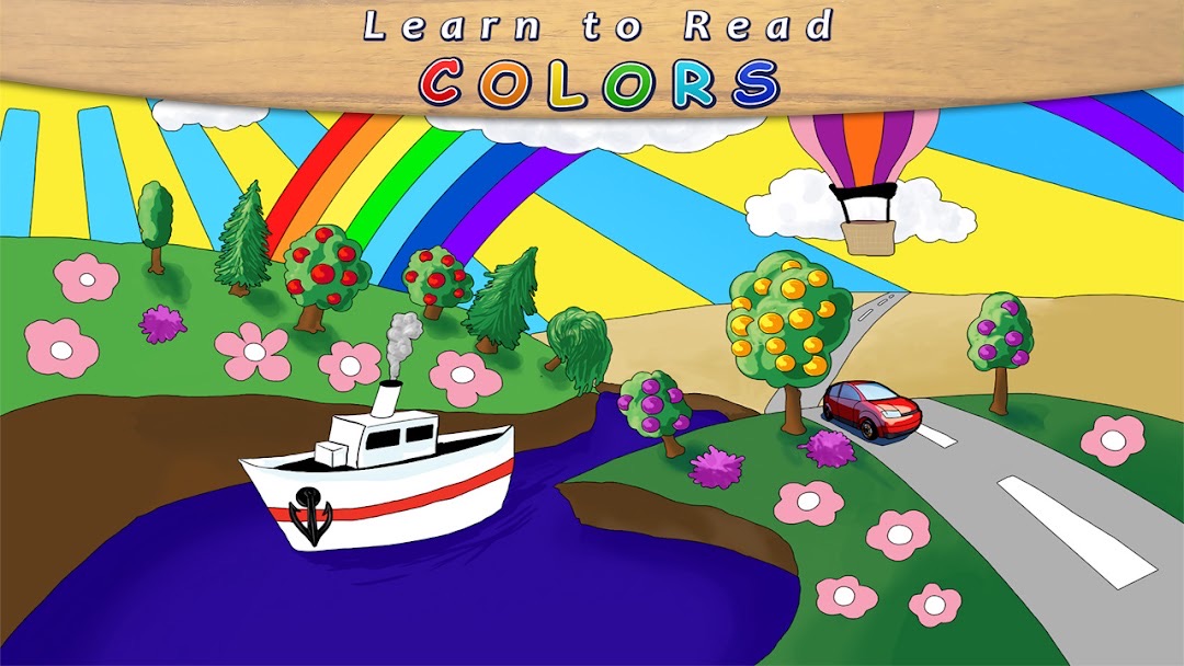 Learn to Read Colors game: a colourful meadow with a rainbow, trees, a boat and a hot air balloon
